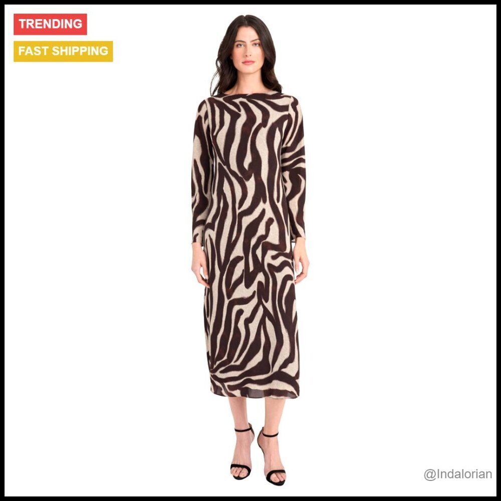 Long Sleeve Midi Shift Dress Elegant Zebra Print Chic Office Evening Wear